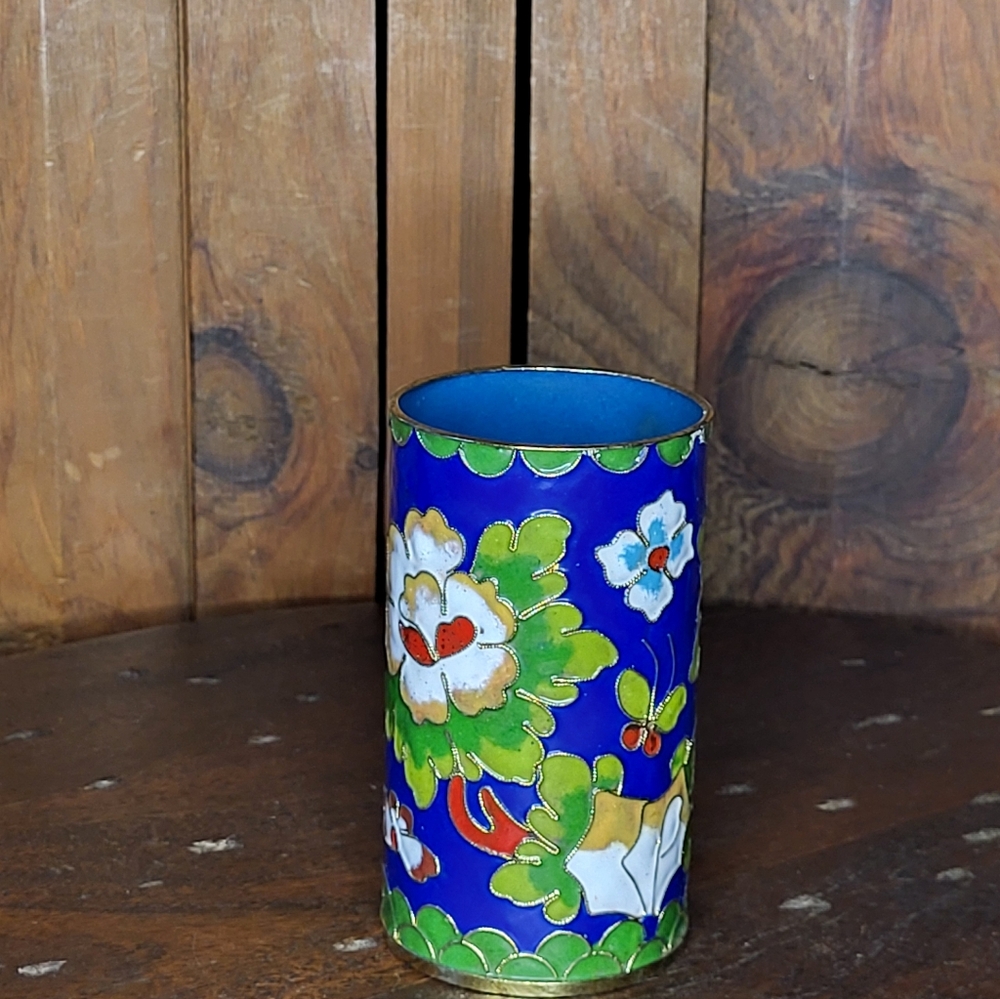 Floral Blue and Green Cloisonné Vase - Picture 12 of 14